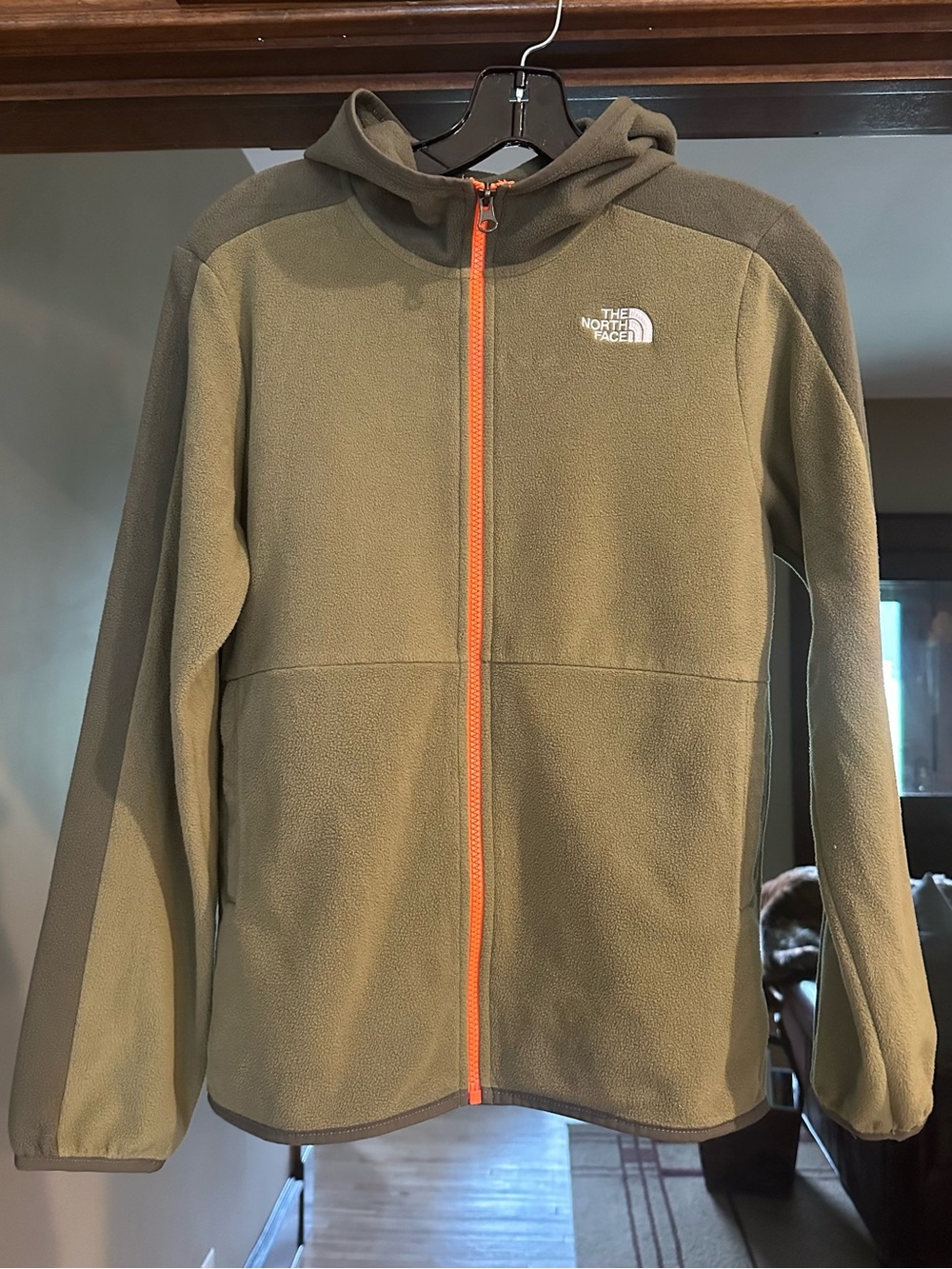 The North Face Olive Green Kids Hooded Fleece Jacket with Orange Zipper